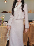 2PS Pink Turn Down Collar Long Sleeve Wool Coat With Skirt Suit