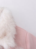 Pink Suede Butterfly Horn Button Faux Fur Winter Coat