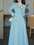 2PS Lake Blue Sailor Collar Tweed Coat With Swing Skirt 1950S Vintage Audrey Hepburn's Style Outfits