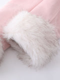 Pink Suede Butterfly Horn Button Faux Fur Winter Coat