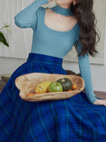 2 Piece Lake Blue Hollow Out Mock Neck Sweater and Blue Plaid Swing Skirt Set