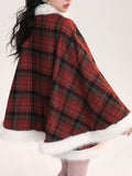 2PS Red and White Plaid Fake Fur Wool Cape Coat With Mini Skirt