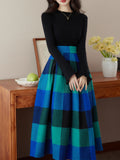 2 Piece Black Crew Neck Bell Sleeves Sweater and Blue Plaid Swing Skirt Set