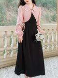 2PS Pink Long-sleeved Short Coat And bBlack Suspender Dress Set