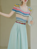 2PS Green Round Collar Stripe Knitted Shirt And Swing Skirt Dress Set