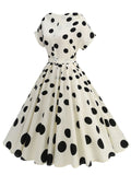 1950s White Polka Dots Short Sleeve Vintage Swing Dress