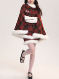 2PS Red and White Plaid Fake Fur Wool Cape Coat With Mini Skirt