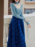 2 Piece Lake Blue Hollow Out Mock Neck Sweater and Blue Plaid Swing Skirt Set