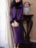 2PS Purple Crew Neck Long Sleeve Coat With Split Skirt Suits