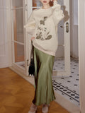 2 Piece White Crew Neck Embroidered Sweatshirt and Green Satin Fishtail Skirt Set