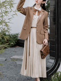 3 Piece Brown Retro Suspender Dress with Apricot Shirt Blazer Suit