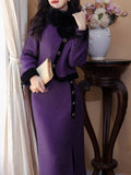 2PS Purple Crew Neck Long Sleeve Coat With Split Skirt Suits