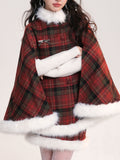 2PS Red and White Plaid Fake Fur Wool Cape Coat With Mini Skirt