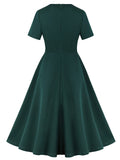 Dark Green Sweet Heart Neck Short Sleeve Vintage Swing Dress With Belt