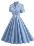 Blue 1950s Vintage Shirt Dress for Women Short Sleeve Audrey Hepburn Style Cocktail Swing Dress