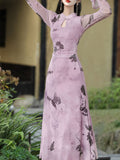 1950S Vintage Purple Butterfly Print Long Sleeve Swing Dress