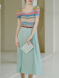 2PS Green Round Collar Stripe Knitted Shirt And Swing Skirt Dress Set