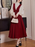 2 Piece Red Angora Retro Suspender Dress with White Bow Shirt