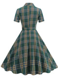 Green Plaid Turn Down Collar Short Sleeves 1950S VintageShirt Dress With Pockets